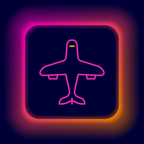 发光的霓虹灯线平面图标孤立在黑色背景 飞行的飞机图标 航空公司的标志 五彩缤纷的概念 — 图库矢量图片