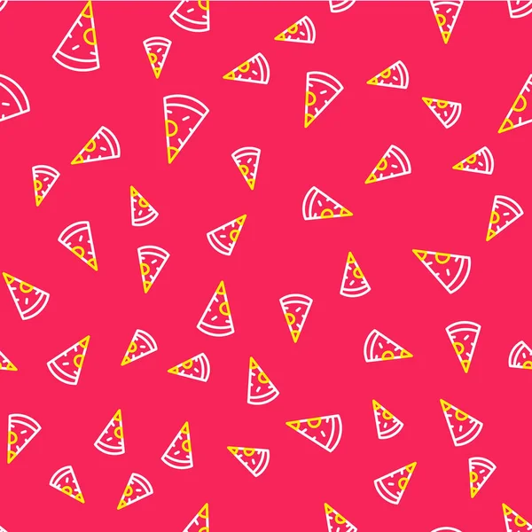 Čára Plátek Pizzy Ikony Izolované Bezešvé Vzor Červeném Pozadí Rychlé — Stockový vektor