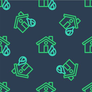 Yanan ev simgesindeki çizgi yangını mavi arka planda izole edilmiş pürüzsüz desen. Vektör