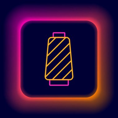 Parlayan neon çizgisi, siyah arkaplanda izole edilmiş makara simgesine iplik dikmek. İplik makarası. İplik kutusu. Renkli taslak konsepti. Vektör