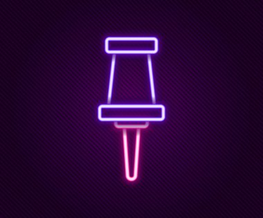 Parlayan neon çizgisi siyah arkaplanda Push pin simgesi izole edildi. Raptiye işareti. Renkli taslak konsepti. Vektör