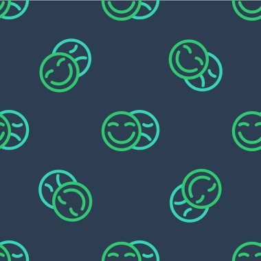 Çizgi Komedi ve Trajedi Maskeleri ikonu mavi arka planda kusursuz bir desen izole etti. Vektör