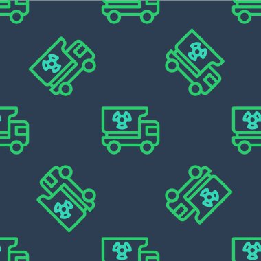 Radyasyon materyali ikonuna sahip çizgi kamyonu mavi arka planda izole edilmiş. Vektör