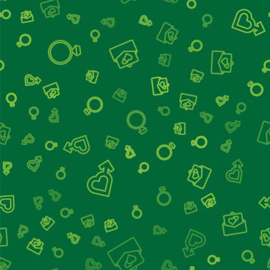 Elmas nişan yüzüğü, erkek cinsiyetli kalp ve kusursuz desenli tebrik kartı. Vektör