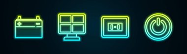 Hattı ayarla. Araba aküsü, güneş enerjisi paneli, elektrik prizi ve güç düğmesi. Parlayan neon ikonu. Vektör