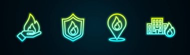 Hat El ateş tutuyor, yangın koruma kalkanı, yanan ve yanan binaların olduğu bir yer. Parlayan neon ikonu. Vektör