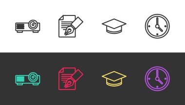 Film, film, medya projektörü, sınav kağıdı ve kalem, mezuniyet şapkası ve saati siyah ve beyaza ayarla. Vektör