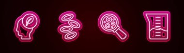 İçinde yaprak olan çizgi halinde insan kafası, Hemoglobin, büyüteç ve laboratuvar cam deney şişesi altında mikroorganizmalar. Parlayan neon ikonu. Vektör