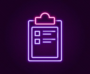 Parlayan neon hattı spor eğitim programı veya fitness planı simgesi siyah arkaplanda izole edildi. Renkli taslak konsepti. Vektör