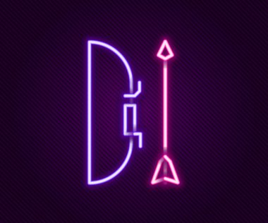 Siyah arkaplanda izole edilmiş ok ve yay şeklinde parlayan neon çizgisi. Renkli taslak konsepti. Vektör