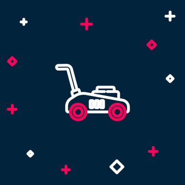 Çim biçme makinesi simgesi mavi arkaplanda izole edildi. Çim biçme makinesi çim biçiyor. Renkli taslak konsepti. Vektör