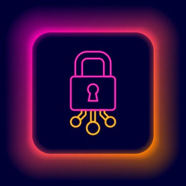 Parlayan neon hattı siber güvenlik simgesi siyah arkaplanda izole edildi. Dijital devre kartında kapalı asma kilit. Güvenlik kavramı. Dijital veri koruması. Renkli taslak konsepti. Vektör