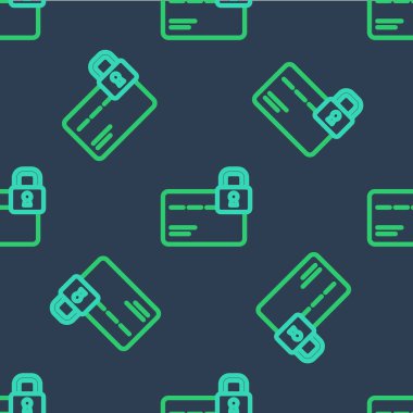 Kilit simgesine sahip çizgi kredi kartı mavi arkaplanda izole edilmiş pürüzsüz desen. Kilitli banka kartı. Güvenlik, güvenlik, koruma. Güvenli ödeme kavramı. Vektör