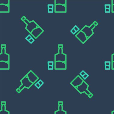 Tekila şişesi ve cam ikon mavi arka planda izole edilmiş. Meksika alkolü. Vektör