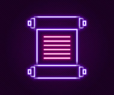 Parlayan neon çizgisi Kararname, kağıt, parşömen, parşömen simgesi siyah arkaplanda izole edilmiş. Renkli taslak konsepti. Vektör