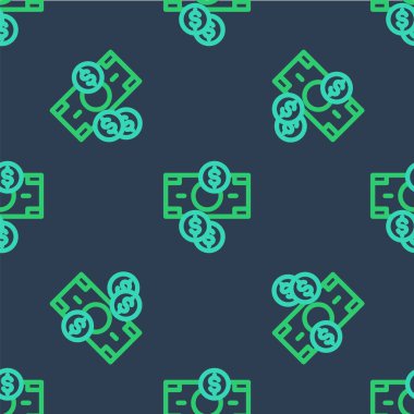 Line Stacks kağıt para nakit para ve dolar sembollü bozuk para mavi arka planda izole edilmiş kusursuz desen. Para desteleri. Vektör