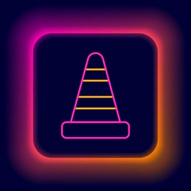 Parlayan neon hattı trafik konisi simgesi siyah arkaplanda izole edildi. Renkli taslak konsepti. Vektör