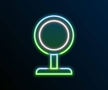 Parlayan neon çizgisi yuvarlak makyaj aynası ikonu siyah arkaplanda izole edilmiş. Renkli taslak konsepti. Vektör