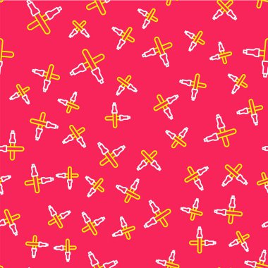 Line Marshalling wands for the aircraft icon isolated seamless pattern on red background. Marshaller communicated with pilot before and after flight.  Vector