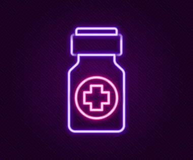 Parlayan neon hattı ilaç şişesi ve siyah arka planda izole edilmiş hap ikonu. Şişe hapı işareti. Eczane tasarımı. Renkli taslak konsepti. Vektör