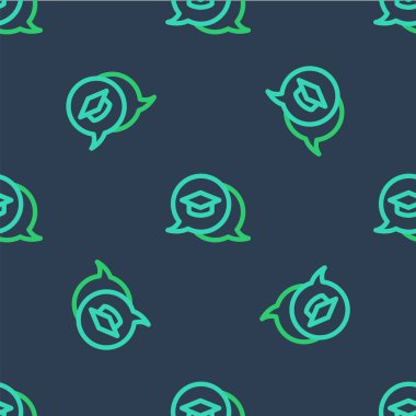 Konuşma baloncuğu simgesindeki çizgi mezuniyet başlığı mavi arkaplanda izole edilmiş kusursuz desen. Tassel ikonlu mezuniyet şapkası. Vektör