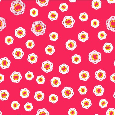 Satır Atom simgesi kırmızı arkaplanda izole edilmiş kusursuz desen. Bilimin, eğitimin, nükleer fiziğin, bilimsel araştırmaların sembolü. Vektör