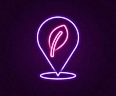 Siyah zemin üzerinde yaprak simgesi olan parlak neon çizgisi konumu. Çevre enerjisi kavramı. Alternatif enerji kavramı. Renkli taslak konsepti. Vektör