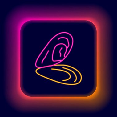 Parlayan neon hattı Mussel simgesi siyah arkaplanda izole edildi. Taze deniz ürünleri. Renkli taslak konsepti. Vektör