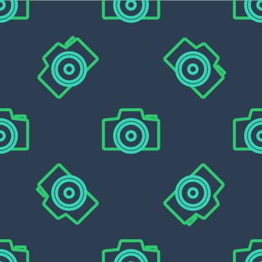 Çizgi fotoğraf makinesi simgesi mavi arkaplanda kusursuz desen izole etti. Foto kamera. Dijital fotoğrafçılık. Vektör