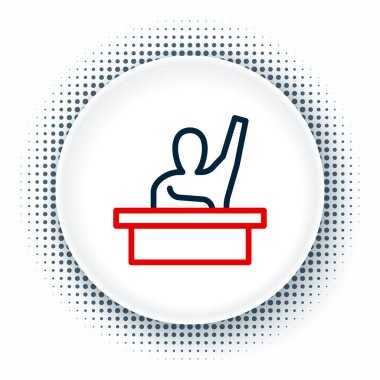 Çizgi aktif erkek çocuk beyaz arka planda izole edilmiş soru ikonuna cevap veriyor. Bir ilkokul öğrencisi elini kaldırır. Renkli taslak konsepti. Vektör