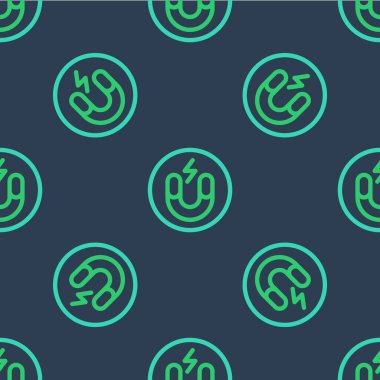 Mıknatıs çizgi simgesi mavi arkaplanda izole edilmiş. At nalı mıknatısı, manyetizma, manyetizma, çekim. Vektör