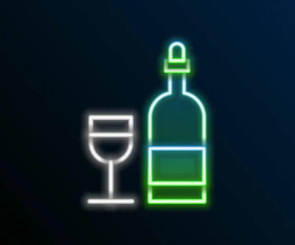 Leuchtende Neonfarbene Weinflasche Mit Glassymbol Auf Schwarzem Hintergrund Buntes Rahmenkonzept — Stockvektor
