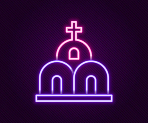 发光的霓虹灯线教堂建筑图标孤立在黑色背景 基督教会教会的宗教 五彩缤纷的概念 — 图库矢量图片