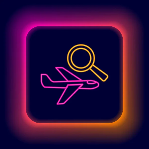 Glowing Neon Line Airplane Search Icon Isolated Black Background Colorful — Archivo Imágenes Vectoriales