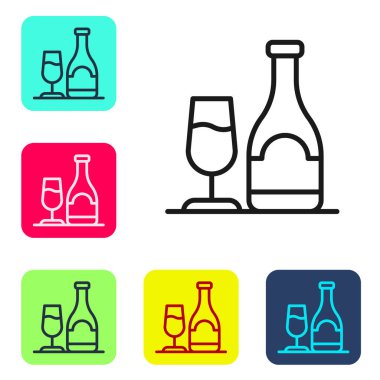 Beyaz arka planda izole edilmiş cam ikonlu siyah çizgi şarap şişesi. Renkli kare düğmelerle simgeleri ayarla. Vektör
