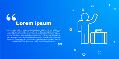 Mavi arka planda bavul simgesi olan beyaz çizgili turist. Seyahat, tatil, turizm. Vektör