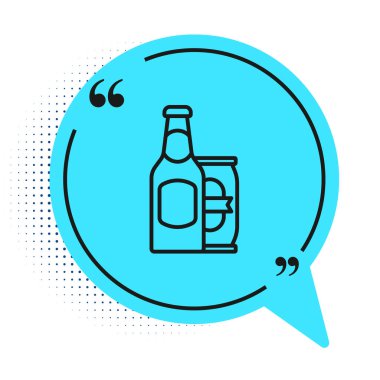 Siyah çizgili bira şişesi ve beyaz arka planda izole edilmiş bira kutusu ikonu. Mavi konuşma balonu sembolü. Vektör