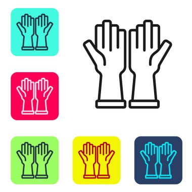 Siyah çizgili lastik eldiven ikonu beyaz arkaplanda izole edilmiş. Lateks el koruması işareti. Ev işi temizlik ekipmanları sembolü. Renkli kare düğmelerle simgeleri ayarla. Vektör