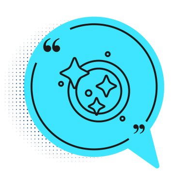 Siyah çizgi yıkama ikonu beyaz arka planda izole edilmiş. Bulaşık yıkama ikonu. Bulaşık makinesi tabelası. Masa takımı tabelası temiz. Mavi konuşma balonu sembolü. Vektör