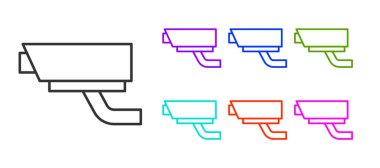 Siyah çizgi güvenlik kamerası simgesi beyaz arkaplanda izole edildi. Simgeleri renklendirin. Vektör