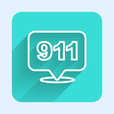 Acil durum telefonlu beyaz hat. 911 ikonunu arayın. Uzun gölgeli bir geçmişi var. Polis, ambulans, itfaiye, çağrı, telefon. Yeşil kare düğmesi. Vektör