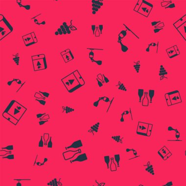 Set Bottles of wine, Bunch grapes, Book about and Wine tasting, degustation on seamless pattern. Vector