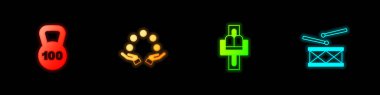 Set Weight, Juggling ball, Attraction carousel and Drum with drum sticks icon. Vector