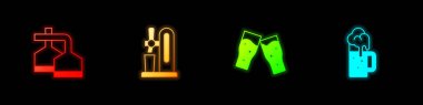 Set Beer brewing process, tap with glass, Glass of beer and Wooden mug icon. Vector