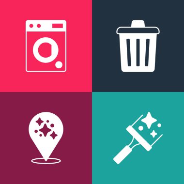 Set pop art Rubber cleaner for windows, Home cleaning service, Trash can and Washer icon. Vector