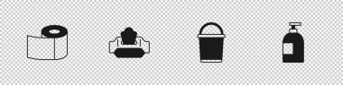 Set Toilet paper roll, Wet wipe pack, Bucket and Dishwashing liquid bottle icon. Vector