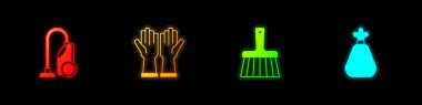 Set Vacuum cleaner, Rubber gloves, Handle broom and Garbage bag icon. Vector
