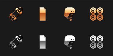 Set Longboard or skateboard, Grip tape, Skateboard helmet and wheel icon. Vector