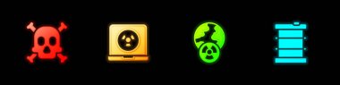 Set Bones and skull warning, Nuclear laptop, Planet earth radiation and Radioactive waste barrel icon. Vector