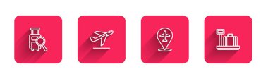Set line Lost baggage, Plane takeoff,  and Scale with suitcase with long shadow. Red square button. Vector